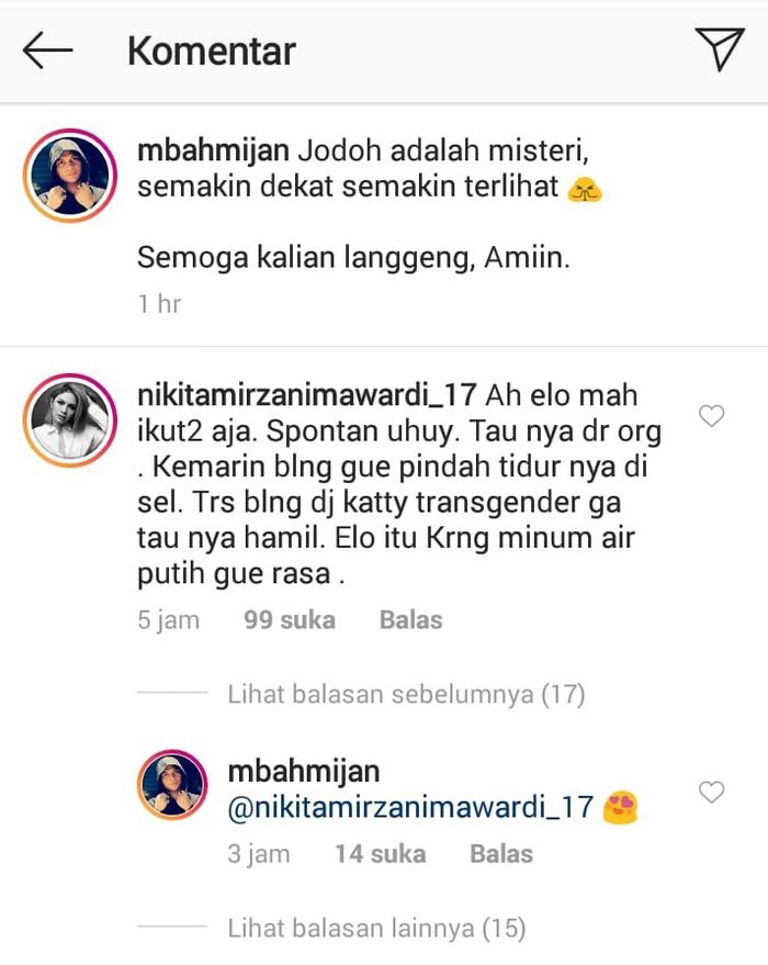 Komentar Nikita Mirzani di Instagram Mbah Mijan soal ramalan hubungan Syahrini dan Reino Barack.
