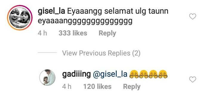 Komentar Gisel pada unggahan Gading Marten