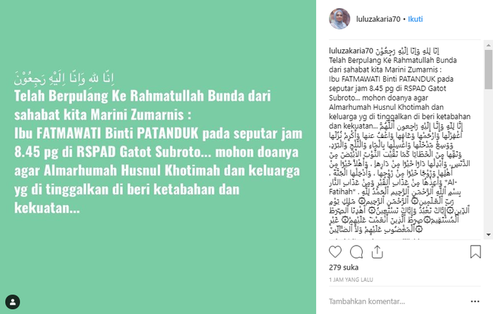 Kabar meninggalnya ibunda Marini Zumarnis