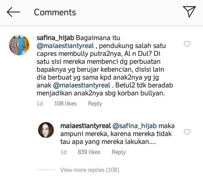 Komentar netizen di akun Instagram Maia Estianty.