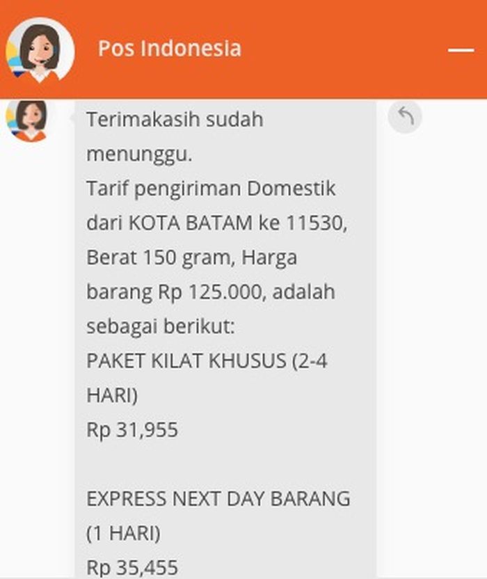 Tarif pengiriman domestik dari Kota Batam