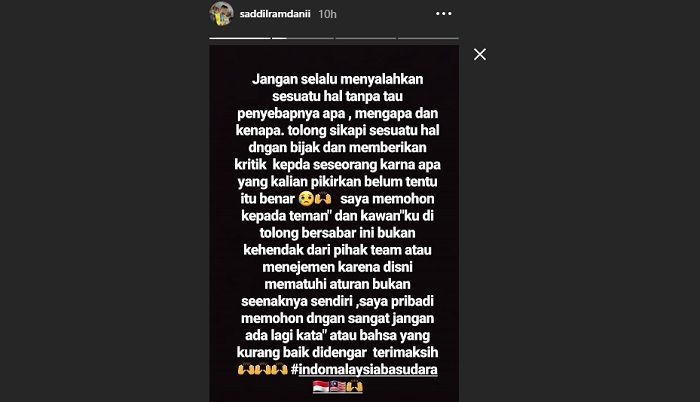 Instastory Saddil Ramdani mengenai polemik timnas U-22 Indonesia dengan Pahang FA dan Federasi Sepak Bola Malaysia (FAM).