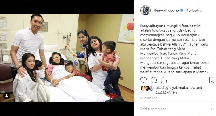 Harapan haru Ibas untuk kesembuhan Ani Yudhoyono instagram/ibasyudhoyono