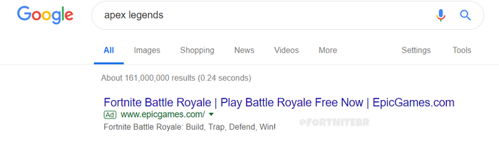 Iklan Fortnite di pencarian Apex Legends di Google