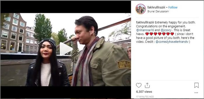 Ucapan selamat dari Fakhrul Razi atas kabar pertunangan Rina Nose di Hari Valentine.