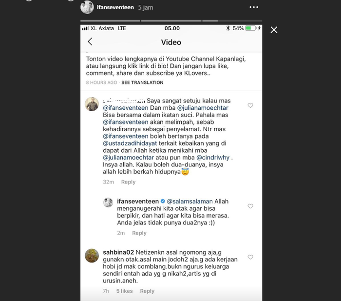 Jawaban Ifan Seventeen kepada salah seorang netizen saat disarankan menikahi Juliana Moechtar