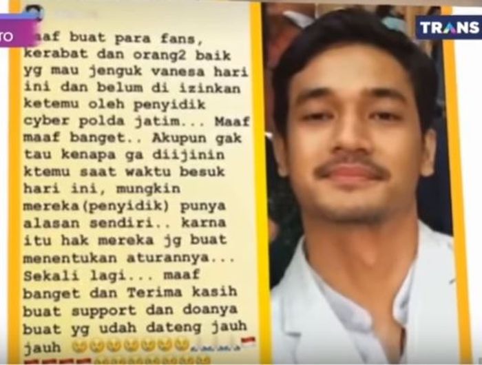 Pacar Vanessa Angel ngaku sedih saat tak diizan jenguk sang kekasih di penjara.
