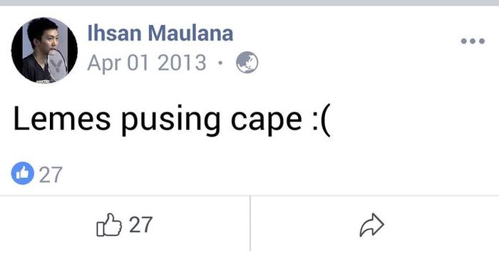 Status Facebook Ihsan Maulana yang alay pada 2013.