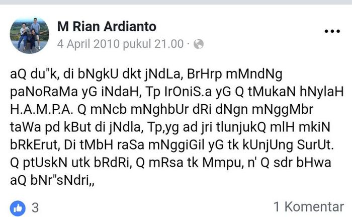 Status Facebook M RIan Ardianto yang alay pada 2010.
