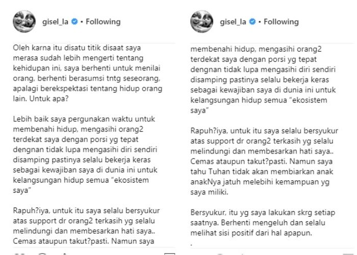 Tulisan Gisel soal kehidupannya sekarang usai kepergok nonton basket di Surabaya