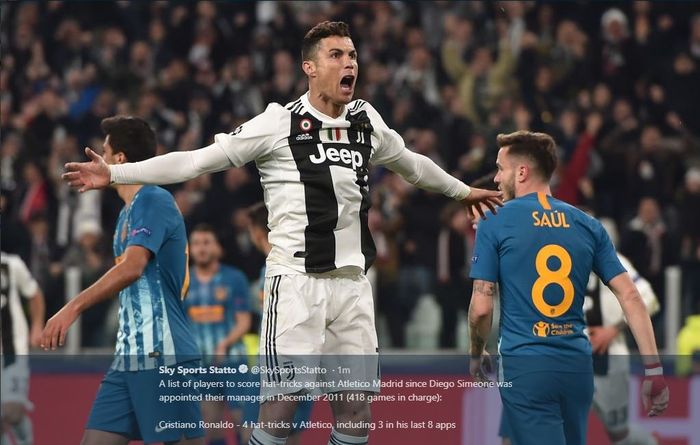 Ekspresi Cristiano Ronaldo setelah mencetak gol Juvetus ke gawang Atletico Madrid dalam partai Liga Champions, 12 Maret 2019.