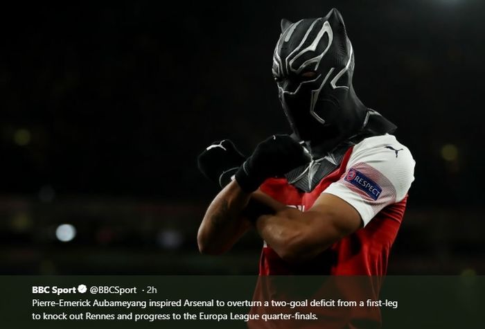 Selebrasi striker Arsenal, Piere-Emerick Aubameyang, menggunakan topeng Black Panther saat menghantar comeback Arsenal di Europa League 