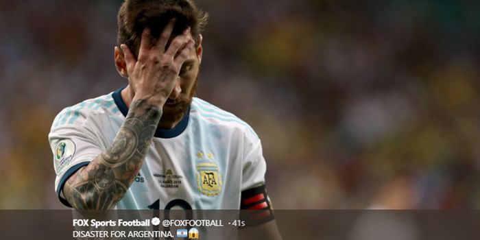 Ekspresi Lionel Messi saat pertandingan Argentina vs Kolombia pada babak penyisihan Grup B Copa America 2019 di Stadion Fonte Nova, 15 Juni 2019.