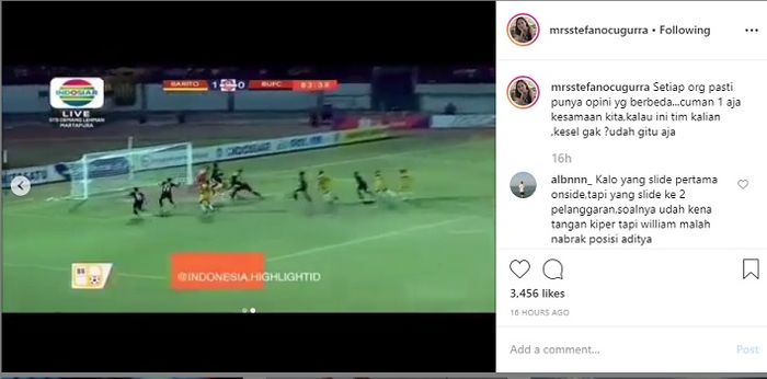 Video unggahan akun Instagram pribadi istri pelatih Bali United, Miranda Erlinda.