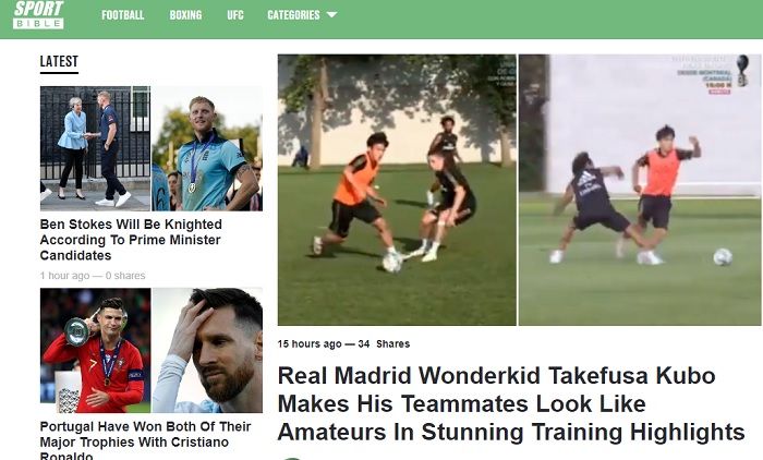 Pemberitaan Sport Bible tentang Takefusa Kubo saat latihan pramusim bersama Real Madrid.