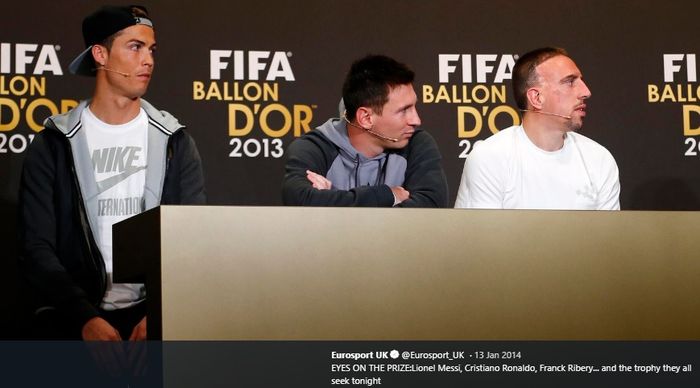 Dari kiri ke kanan: Cristiano Ronaldo, Lionel Messi, dan Franck Ribery, dalam jumpa pers jelang malam penghargaan pemain terbaik dunia FIFA Ballon d'Or 2013.