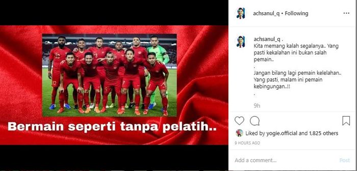 Unggahan presiden Madura United, Achsanul Qosasi, yang mengkritik permainan Indonesia setelah kalah dari Thailand pada Kualifikasi Piala Dunia 2022.