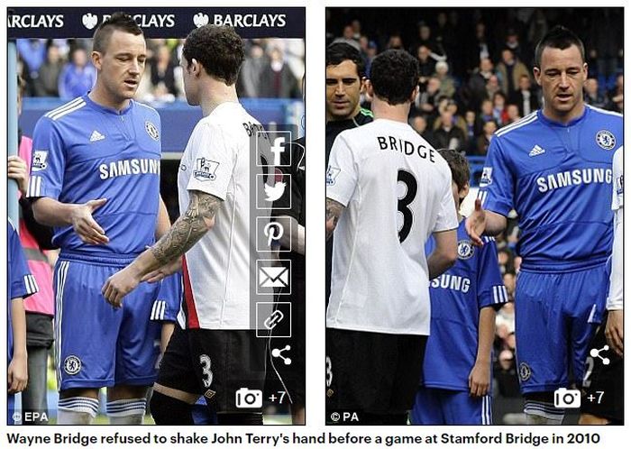 Wayne Bridge menepis jabatan tangan John Terry saat Manchester City menjalani laga di Stamford Bridge 2010.