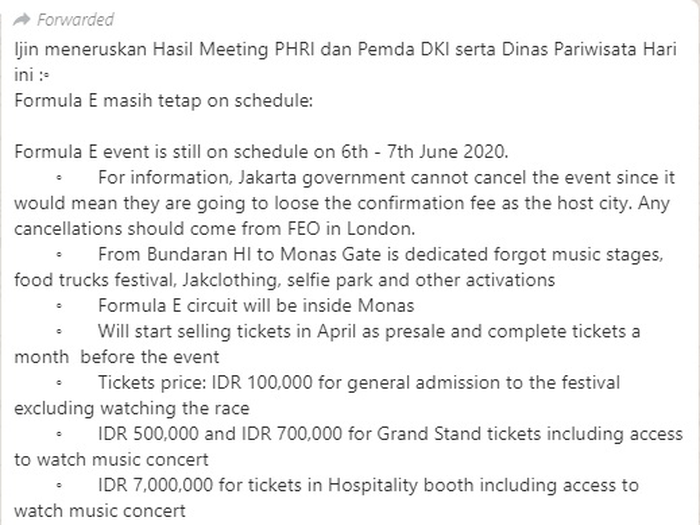 Isi pesan WhatsApp yang berisi detail harga dan jadwal penjualan tiket Formula E Jakarta.