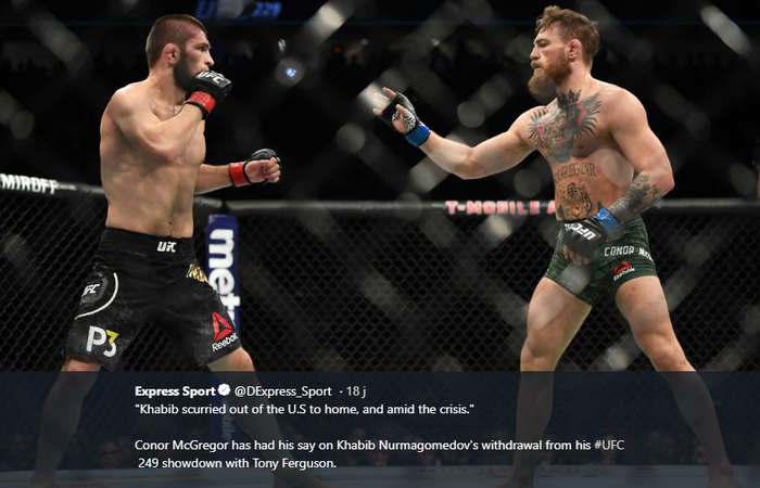 Khabib Nurmagomedov (kanan) dan Conor McGregor (kiri) saat keduanya saling berhadapan dalam ajang UFC 229 di T-Mobile Arena, Las Vegas, Nevada, AS, Oktober 2018.