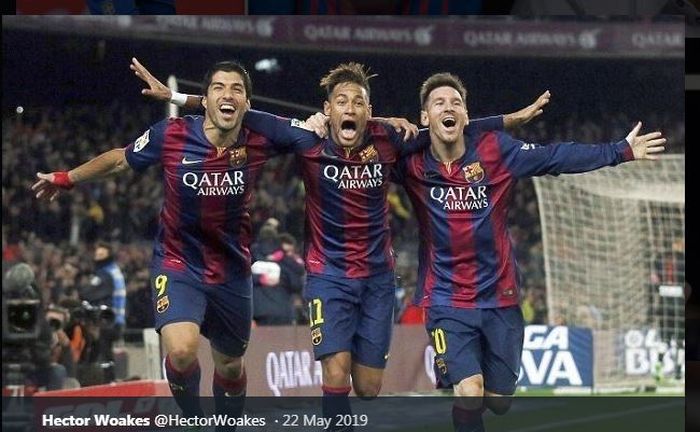 Neymar (tengah) saat membentuk trio MSN di lini depan Barcelona bersama Luis Suarez dan Lionel Messi.