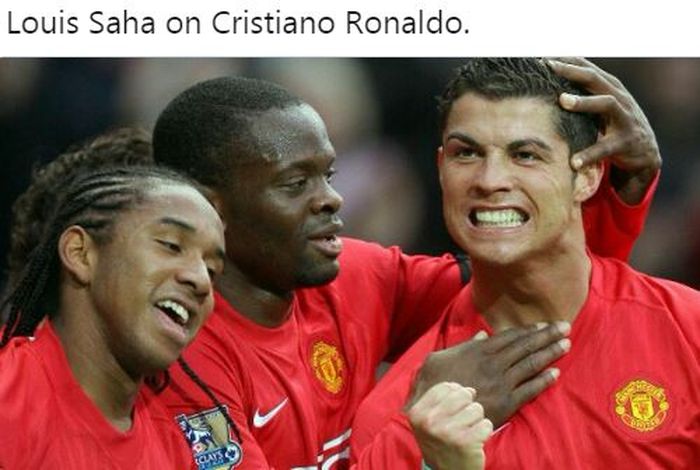 Cristiano Ronaldo (kanan) merayakan golnya untuk Manchester United bersama Louis Saha (tengah) dan Anderson (kiri).