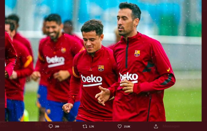 Philippe Coutinho dan Sergio Busquets ikut dalam sesi latihan tim Barcelona.