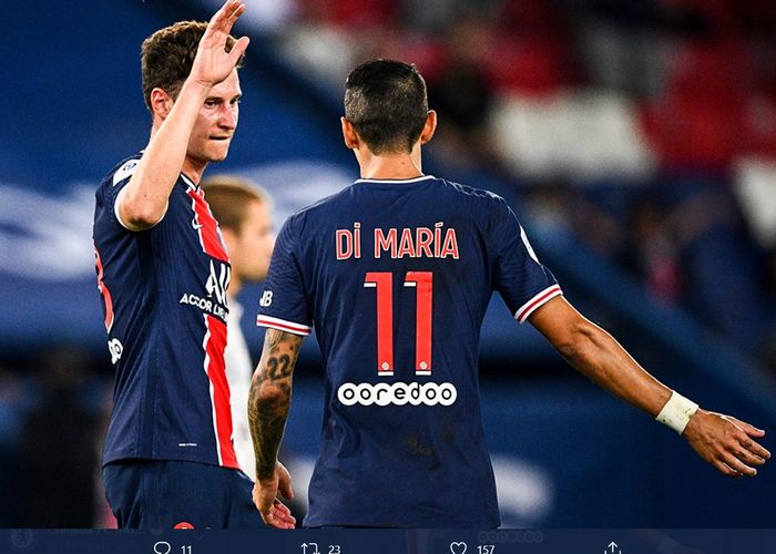 Julian Draxler mendapat sambutan dari Angel Di Maria, usia mencetak gol tunggal kemenangan PSG atas Metz pada laga ppekan ketiga Liga Prancis, Rabu (16/9/2020).