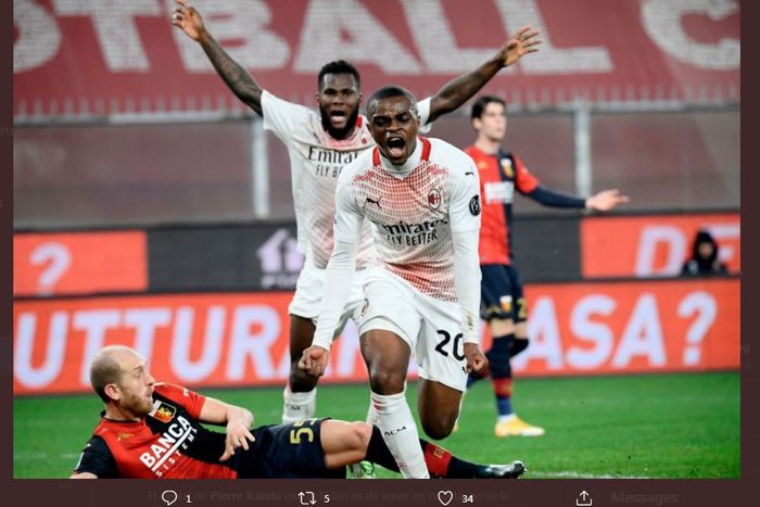 Pierre Kalulu mencetak gol AC Milan ke gawang Genoa dalam lanjutan Liga Italia, 16 Desember 2020.