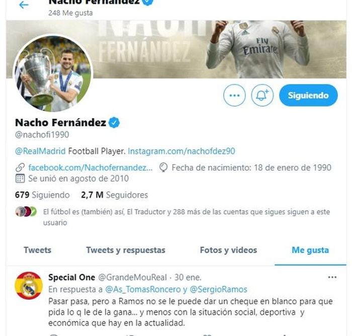Pemain Real Madrid, Nacho Fernandez ketahuan menyukai tweet yang mengkritik kapten klubnya, Sergio Ramos.