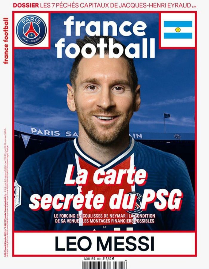 Halaman depan majalan Prancis, France Football, yang menampilkan Lionel Messi menggunakan jersi Paris Saint-Germain.