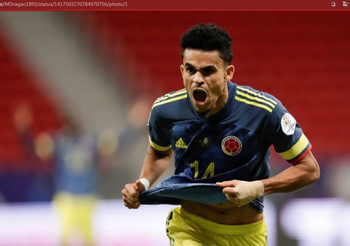 Gelandang timnas Kolombia, Luis Diaz, merayakan gol pada ajang Copa America 2021.