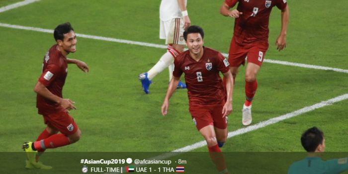 Gelandang timnas Thailand, Thitipan Puangchan (#8), merayakan golnya ke gawang Uni Emirat Arab dalam