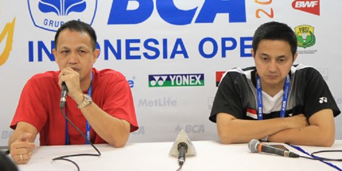 Rexy Mainaky (kiri) dan Ricky Subagja (kanan) saat konferensi pers Indonesia Open 2017 di Jakarta Co