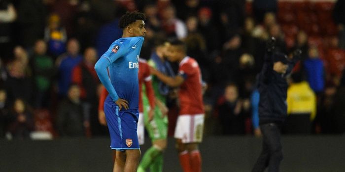 Reaksi pemain Arsenal, Alex Iwobi, seusai laga ronde ketiga Piala FA kontra Nottingham Forest di Sta