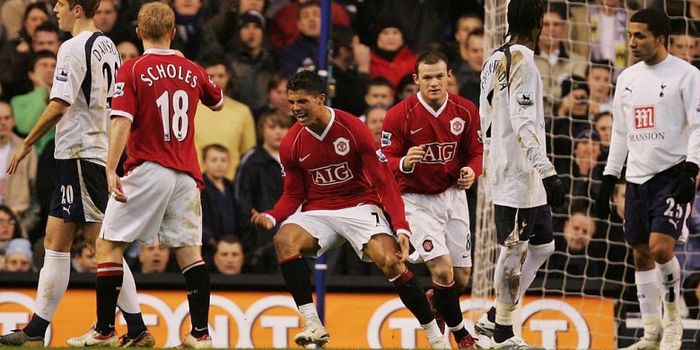 Ekspresi kegembiraan Cristiano Ronaldo usai mencetak gol pembuka Manchester United ke gawang Tottenh