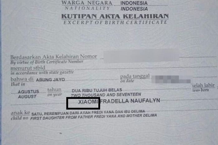 Kutipan Akta Kelahiran Xiaomi