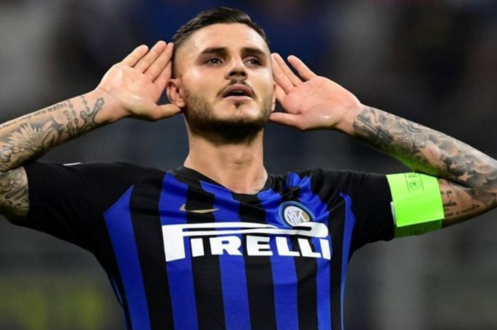 Reaksi striker Inter Milan, Mauro Icardi, setelah mencetak gol ke gawang Tottenham dalam partai Liga