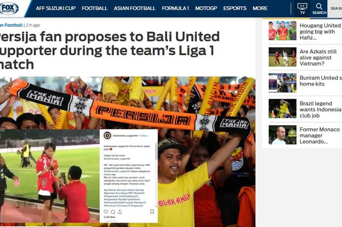 Media luar Fox Sports Asia turut memberitakan The Jakmania yang melamar Lady Dewata dalam laga Persija Jakarta kontra Bali United pekan ke-33 Liga 1 2018, Minggu (2/12/2018).