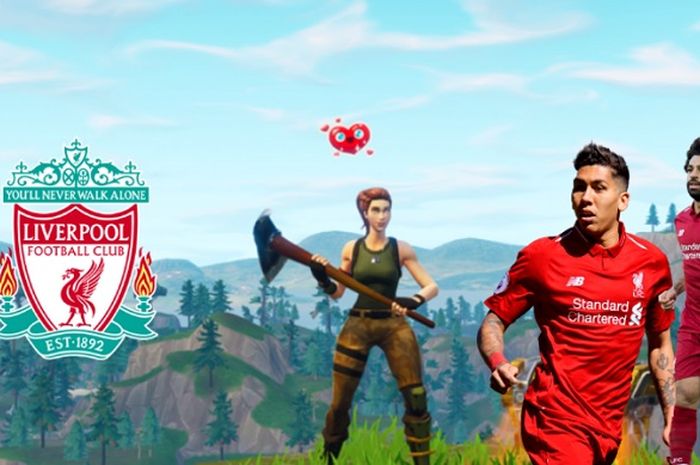 Ilustrasi Fortnite dengan pemainn dan logo Liverpool.