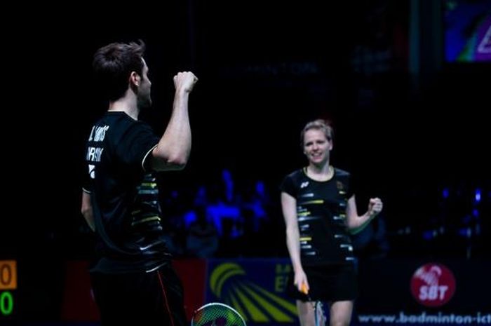 Ganda campuran Jerman, Mark Lamsfuss/Isabel Herttrich, saat mengalahkan Vladimir Ivanov/Ekaterina Bolotova (Rusia) di EMTC 2019, Copenhagen, Denmark (16/2/2019).