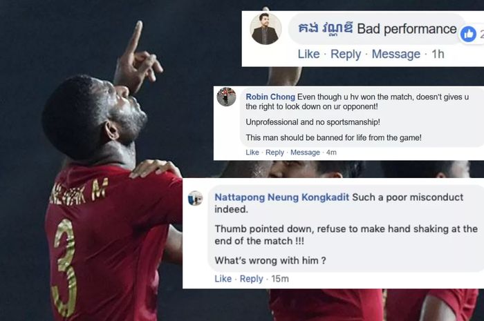 Komentar negatif yang dituliskan fans timnas U-22 Kamboja untuk Marinus Manewar atas sikapnya setelah laga di Piala AFF U-22 2019.