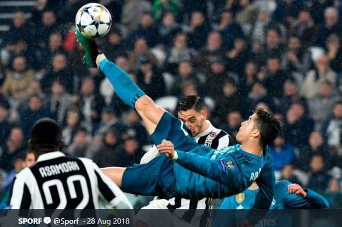 Cristiano Ronaldo, saat masih membela Real Madrid dan membobol gawang Juventus dalam laga leg I perempat Liga Champions musim 2017-2018.