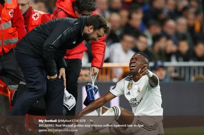 Vinicius Jr mengalami cedera pada kaki kanannya di babak pertama saat Real Madrid ditumbangkan Ajax Amsterdam di Stadion Bernabeu