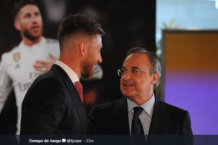 Kapten Real Madrid, Sergio Ramos (kiri) bersama presiden klub Florentino Perez.
