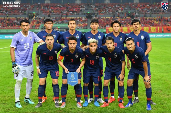 Skuat timnas Thailand saat menghadapi China dalam laga China Cup 2019 di Guangxin Sports Centre, Nanning, Kamis (21/3/2019).