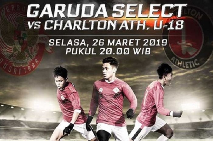 Live streaming Garuda Select Vs Charlton Athletic, Selasa (26/3/2019) pukul 20.00 WIB .
