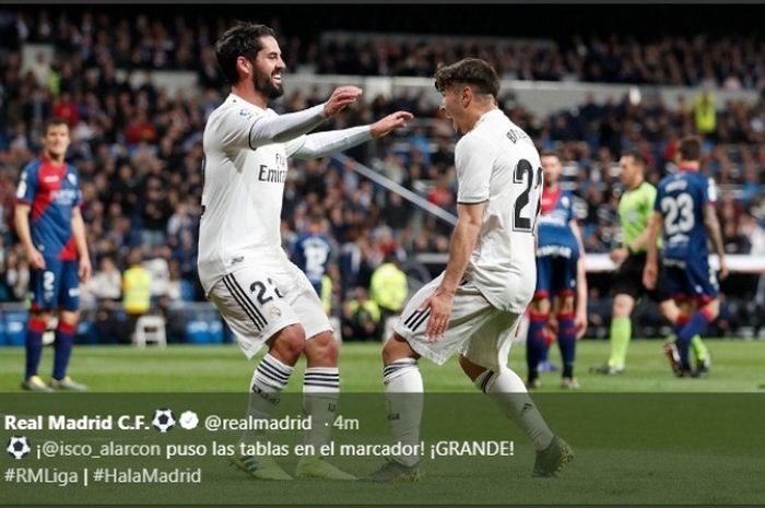 Gelandang Real Madrid, Isco, merayakan golnya ke gawang Huesca dalam partai Liga Spanyol di Estadio Santiago Bernabeu, Minggu (31/3/2019)