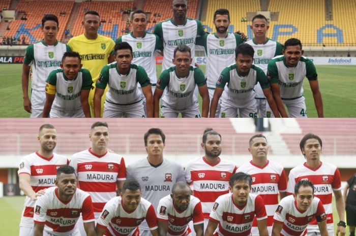 Kolase foto skuat Persebaya Surabaya dan Madura United yang saling berduel di semifinal Piala Presiden 2019.