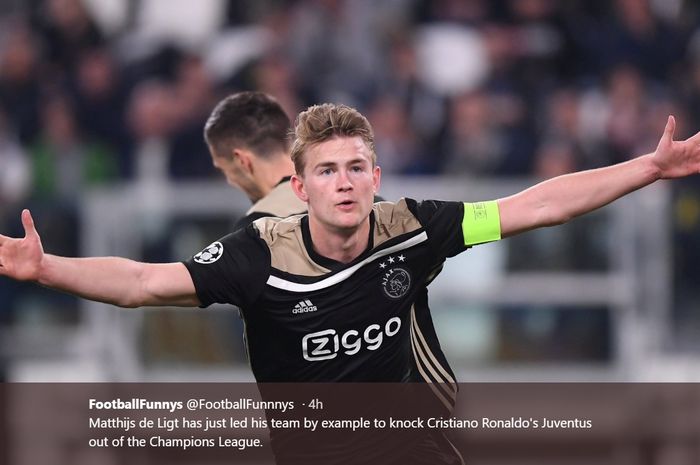 Bek muda Ajax Amsterdam, Matthijs de Ligt merayakan gol kemenangan atas Juventus di babak perempat final Liga Champions